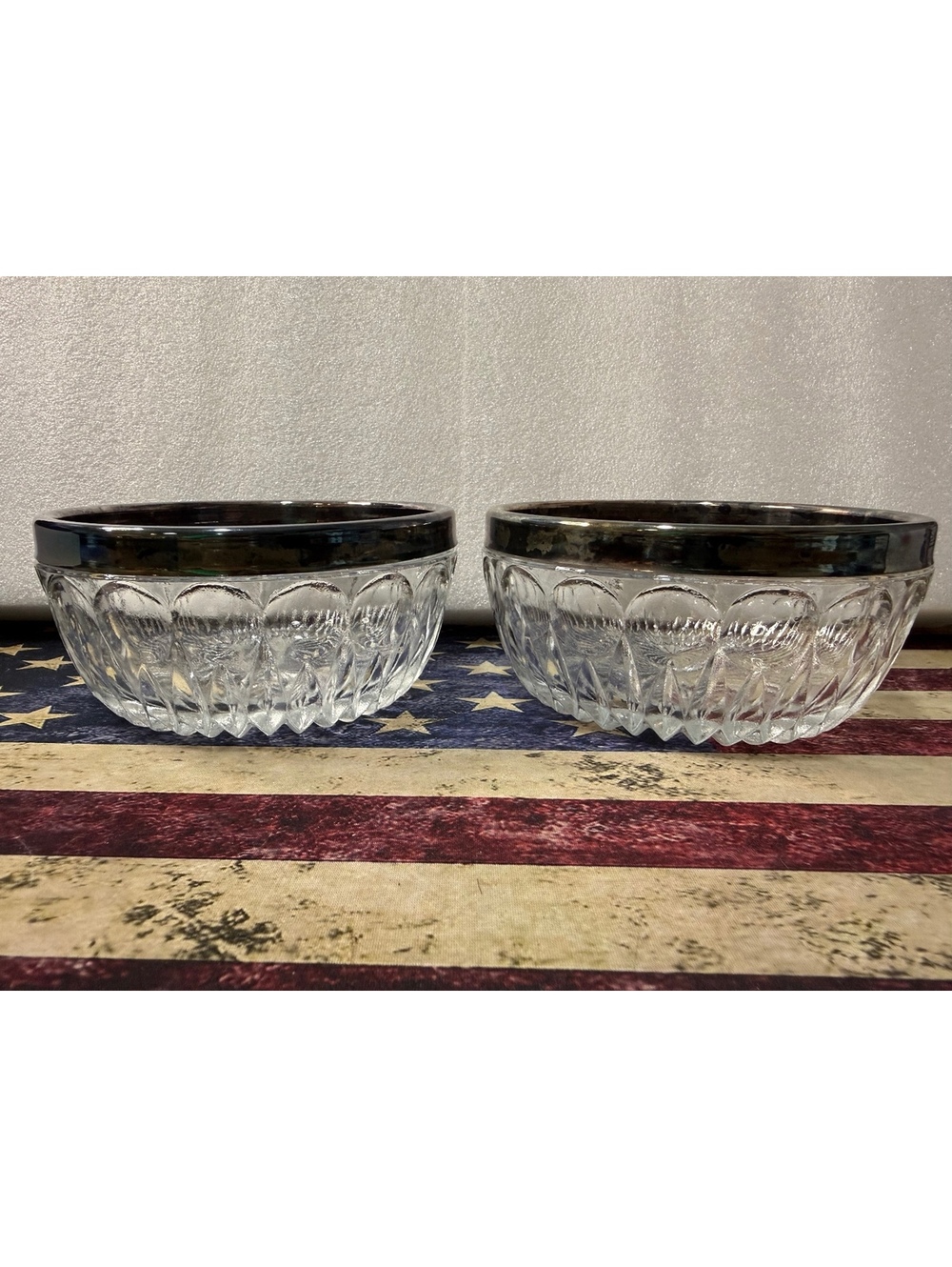 Vintage Mid-Century Glass Bowls Silver Plate Rim Starburst Candy Nut Dish Pair